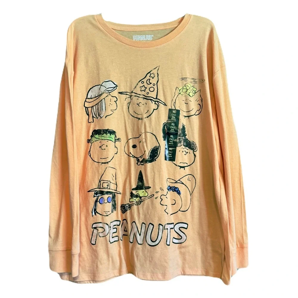 Peanuts Girls XL Long Orange Sleeve Snoopy Lucy Halloween Shirt NWT
